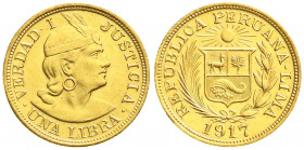 Ausländische Goldmünzen und -medaillen
Peru
Republik, seit 1821
Libra (Pound) 1917. 7,98 g. 917/1000. vorzüglich/Stempelglanz. Krause/Mishler 207....