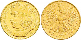 Ausländische Goldmünzen und -medaillen
Polen
Zweite Republik, 1923-1939
20 Zlotych 1925. 6,45 g. 900/1000. vorzüglich/Stempelglanz, kl. Kratzer. Fr...