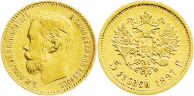 Ausländische Goldmünzen und -medaillen
Russland
Nikolaus II., 1894-1917
5 Rubel 1897, St. Petersburg. 3,87 g. 900/1000. Besseres Jahr. sehr schön. ...