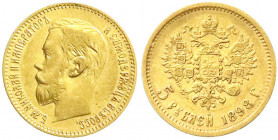 Ausländische Goldmünzen und -medaillen
Russland
Nikolaus II., 1894-1917
5 Rubel 1898, St. Petersburg. 4,3 g. 900/1000. vorzüglich, winz. Randfehler...