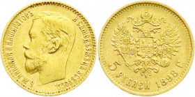Ausländische Goldmünzen und -medaillen
Russland
Nikolaus II., 1894-1917
5 Rubel 1898, St. Petersburg. 4,3 g. 900/1000. sehr schön. Bitkin 20. Fried...