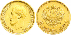 Ausländische Goldmünzen und -medaillen
Russland
Nikolaus II., 1894-1917
10 Rubel 1899, St. Petersburg. 8,61 g. 900/1000. sehr schön. Bitkin 4. Frie...