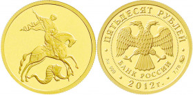 Ausländische Goldmünzen und -medaillen
Russland
Russische Republik, seit 1991
50 Rubel (1/4 Unze) 2012. St. Georg. 7,78 g. Feingold. Polierte Platt...