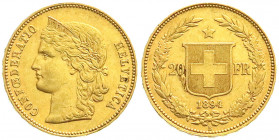 Ausländische Goldmünzen und -medaillen
Schweiz
Eidgenossenschaft, seit 1850
20 Franken 1894 B, Helvetia. 6,45 g. 900/1000. vorzüglich. Divo/Tobler ...