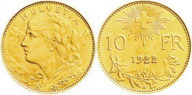 Ausländische Goldmünzen und -medaillen
Schweiz
Eidgenossenschaft, seit 1850
10 Franken Vreneli 1922 B. 3,23 g. 900/1000. vorzüglich/Stempelglanz. D...