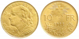Ausländische Goldmünzen und -medaillen
Schweiz
Eidgenossenschaft, seit 1850
10 Franken Vreneli 1922 B. 3,23 g. 900/1000. vorzüglich/Stempelglanz, w...