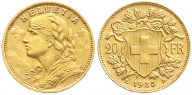 Ausländische Goldmünzen und -medaillen
Schweiz
Eidgenossenschaft, seit 1850
20 Franken Vreneli 1935 LB. 6,45 g. 900/1000. vorzüglich/Stempelglanz. ...