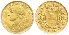 Ausländische Goldmünzen und -medaillen
Schweiz
Eidgenossenschaft, seit 1850
20 Franken Vreneli 1935 LB. 6,45 g. 900/1000. vorzüglich/Stempelglanz. ...