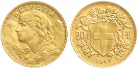 Ausländische Goldmünzen und -medaillen
Schweiz
Eidgenossenschaft, seit 1850
20 Franken Vreneli 1947 B. 6,45 g. 900/1000. vorzüglich/Stempelglanz. D...