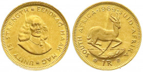 Ausländische Goldmünzen und -medaillen
Südafrika
Republik, seit 1961
1 Rand 1969. Springbock. 3,99 g. 917/1000 Stempelglanz. Yeoman 63.