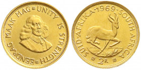 Ausländische Goldmünzen und -medaillen
Südafrika
Republik, seit 1961
2 Rand 1969. Springbock. 7,99 g. 917/1000 Stempelglanz. Krause/Mishler 64.