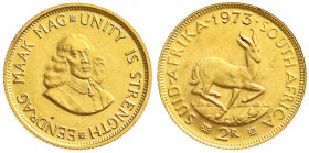 Ausländische Goldmünzen und -medaillen
Südafrika
Republik, seit 1961
2 Rand 1973. Springbock. 7,99 g. 917/1000 Stempelglanz. Krause/Mishler 64.