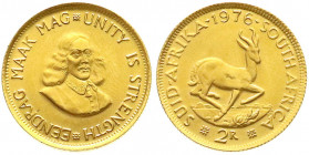 Ausländische Goldmünzen und -medaillen
Südafrika
Republik, seit 1961
2 Rand 1976. Springbock. 7,99 g. 917/1000 Stempelglanz. Krause/Mishler 64.