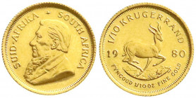 Ausländische Goldmünzen und -medaillen
Südafrika
Republik, seit 1961
1/10 Krügerrand 1980. 1/10 Unze Gold. Stempelglanz. Krause/Mishler 105.