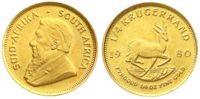 Ausländische Goldmünzen und -medaillen
Südafrika
Republik, seit 1961
1/4 Krügerrand 1980. 1/4 Unze Gold. Stempelglanz. Krause/Mishler 106.