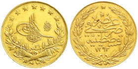 Ausländische Goldmünzen und -medaillen
Türkei/Osmanisches Reich
Abdul Hamid II., 1876-1909 (AH 1293-1327)
100 Kurush 1905 (Jahr 31). 7,22 g. 917/10...