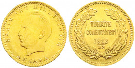 Ausländische Goldmünzen und -medaillen
Türkei/Osmanisches Reich
Republik, 1923 bis heute
100 Kurush 1923, Jahr 23 = 1946. Ismet Inonu. 7,22 g. 917/...