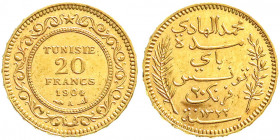 Ausländische Goldmünzen und -medaillen
Tunesien
Muhammad alHadi Bey, 1903-1906
20 Francs 1904 A. 6,45 g. 900/1000. vorzüglich/Stempelglanz. Krause/...