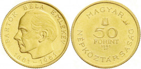 Ausländische Goldmünzen und -medaillen
Ungarn
Volksrepublik, 1949 bis heute
50 Forint 1961 Bela Bartok. 3,84 g. 986/1000. prägefrisch, berieben. Sc...