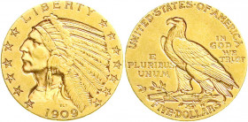 Ausländische Goldmünzen und -medaillen
Vereinigte Staaten von Amerika
Unabhängigkeit, seit 1776
5 Dollars 1909, Philadelphia. Indianer. 8,36 g. 900...