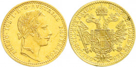Gold der Habsburger Erblande und Österreichs
Haus Habsburg
Franz Joseph I., 1848-1916
Dukat 1860 A, Wien. 3,48 g. sehr schön/vorzüglich. Herinek 10...