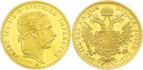 Gold der Habsburger Erblande und Österreichs
Haus Habsburg
Franz Joseph I., 1848-1916
Dukat 1868 A, Wien. 3,48 g. vorzüglich, etwas gewellt. Herine...