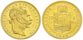Gold der Habsburger Erblande und Österreichs
Haus Habsburg
Franz Joseph I., 1848-1916
8 Forint/20 Francs 1881 KB. Für Ungarn. 6,45 g. 900/1000. gut...