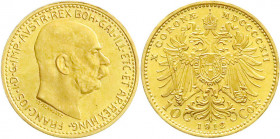 Gold der Habsburger Erblande und Österreichs
Haus Habsburg
Franz Joseph I., 1848-1916
10 Kronen 1912. Offizielle Neuprägung. 3,39 g. 900/1000. präg...