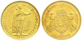 Gold der Habsburger Erblande und Österreichs
Haus Habsburg
Franz Joseph I., 1848-1916
10 Korona 1912 KB. Stehender Herrscher. Für Ungarn. 3,39 g. 9...
