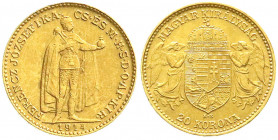 Gold der Habsburger Erblande und Österreichs
Haus Habsburg
Franz Joseph I., 1848-1916
20 Korona 1914 KB. Stehender König. Für Ungarn. 6,78 g. 900/1...