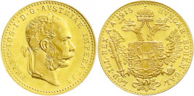 Gold der Habsburger Erblande und Österreichs
Haus Habsburg
Franz Joseph I., 1848-1916
Dukat 1915. Offizielle Neuprägung. 3,49 g. 986/1000. Stempelg...