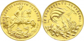 Gold der Habsburger Erblande und Österreichs
Kremnitz
Georgsmünzen und -medaillen
St.-Georgs-Medaille o.J. 29 mm; 6,37 g. Punze "A Fuchskopf 4" und...