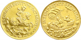 Gold der Habsburger Erblande und Österreichs
Kremnitz
Georgsmünzen und -medaillen
St.-Georgs-Medaille o.J. 28 mm; 5,49 g. Punze "A Fuchskopf 4" und...