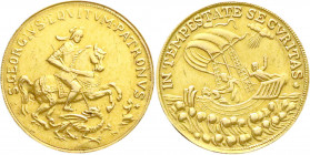 Gold der Habsburger Erblande und Österreichs
Kremnitz
Georgsmünzen und -medaillen
St.-Georgs-Medaille o.J. 25 mm; 4,08 g. Punze "A Fuchskopf 4" . v...