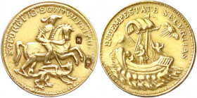 Gold der Habsburger Erblande und Österreichs
Kremnitz
Georgsmünzen und -medaillen
St.-Georgs-Medaille o.J. 14 mm; 0,99 g. Punze "A Fuchskopf 4", He...