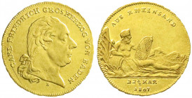 Altdeutsche Goldmünzen und -medaillen
Baden-Durlach
Carl Friedrich als Großherzog (1806-1811)
Rheingold-Dukat 1807, Mannheim. Kopf n.r./lagernder F...