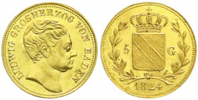 Altdeutsche Goldmünzen und -medaillen
Baden-Durlach
Ludwig, 1818-1830
5 Gulden 1824. 3,46 g. vorzüglich/Stempelglanz, winz. Kratzer, selten. Friedb...