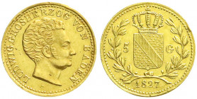 Altdeutsche Goldmünzen und -medaillen
Baden-Durlach
Ludwig, 1818-1830
5 Gulden 1827, Kraushaar. Mit glattem Rand. 3,45 g. Auflage nur 2877 Ex. vorz...