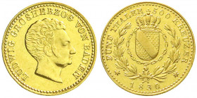 Altdeutsche Goldmünzen und -medaillen
Baden-Durlach
Ludwig, 1818-1830
5 Taler zu 500 Kreuzern 1830, Kraushaar. 5,71 g. Auflage nur 1788 Ex. vorzügl...