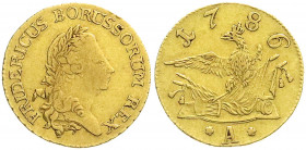 Altdeutsche Goldmünzen und -medaillen
Brandenburg-Preußen
Friedrich II., 1740-1786
Friedrichs d'or 1786 A, Berlin. 6,63 g. sehr schön, seltenes Jah...