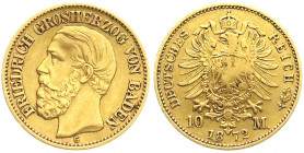 Reichsgoldmünzen
Baden
Friedrich I., 1856-1907
10 Mark 1872 G. fast Stempelglanz, leicht gebogen. Jaeger 183.