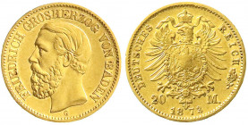 Reichsgoldmünzen
Baden
Friedrich I., 1856-1907
20 Mark 1873 G. sehr schön/vorzüglich. Jaeger 184.