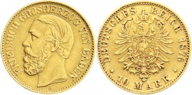 Reichsgoldmünzen
Baden
Friedrich I., 1856-1907
10 Mark 1876 G. sehr schön, leichte Druckstelle. Jaeger 186.