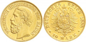 Reichsgoldmünzen
Baden
Friedrich I., 1856-1907
10 Mark 1888 G. Besseres Jahr. vorzüglich/Stempelglanz, Prachtexemplar. Jaeger 186.