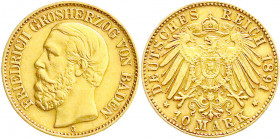 Reichsgoldmünzen
Baden
Friedrich I., 1856-1907
10 Mark 1891 G. sehr schön/vorzüglich, winz. Randfehler. Jaeger 188.