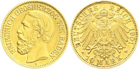 Reichsgoldmünzen
Baden
Friedrich I., 1856-1907
10 Mark 1901 G. vorzüglich, kl. Randfehler. Jaeger 188.