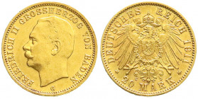 Reichsgoldmünzen
Baden
Friedrich II., 1907-1918
20 Mark 1911 G. vorzüglich/Stempelglanz. Jaeger 192.
