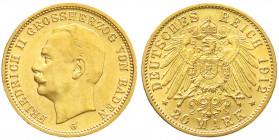 Reichsgoldmünzen
Baden
Friedrich II., 1907-1918
20 Mark 1912 G. vorzüglich/Stempelglanz. Jaeger 192.