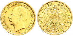 Reichsgoldmünzen
Baden
Friedrich II., 1907-1918
20 Mark 1913 G. gutes vorzüglich, kl. Kratzer, winz. Randfehler. Jaeger 192.