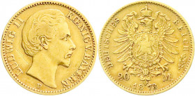 Reichsgoldmünzen
Bayern
Ludwig II., 1864-1886
20 Mark 1873 D. fast sehr schön, Kratzer, Randfehler. Jaeger 194.
